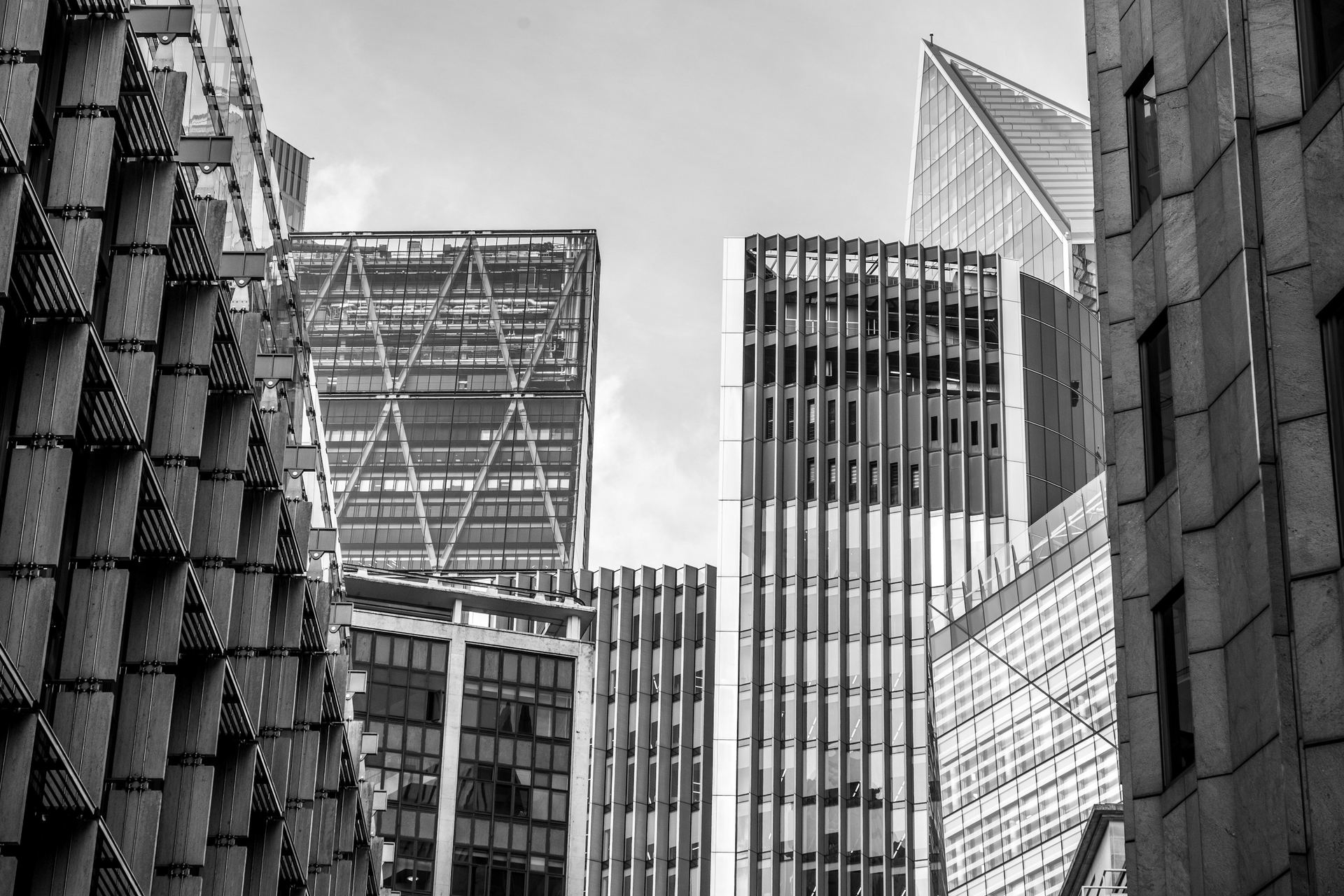 Towers of the City of London in black and white